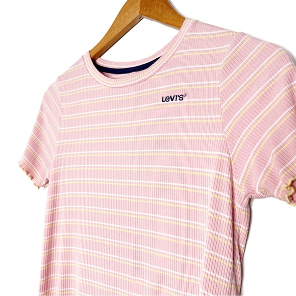 Levi's Pink White Yellow Stripe Ribbed Lettuce Trim T Shirt Top Juniors - Picture 6 of 16
